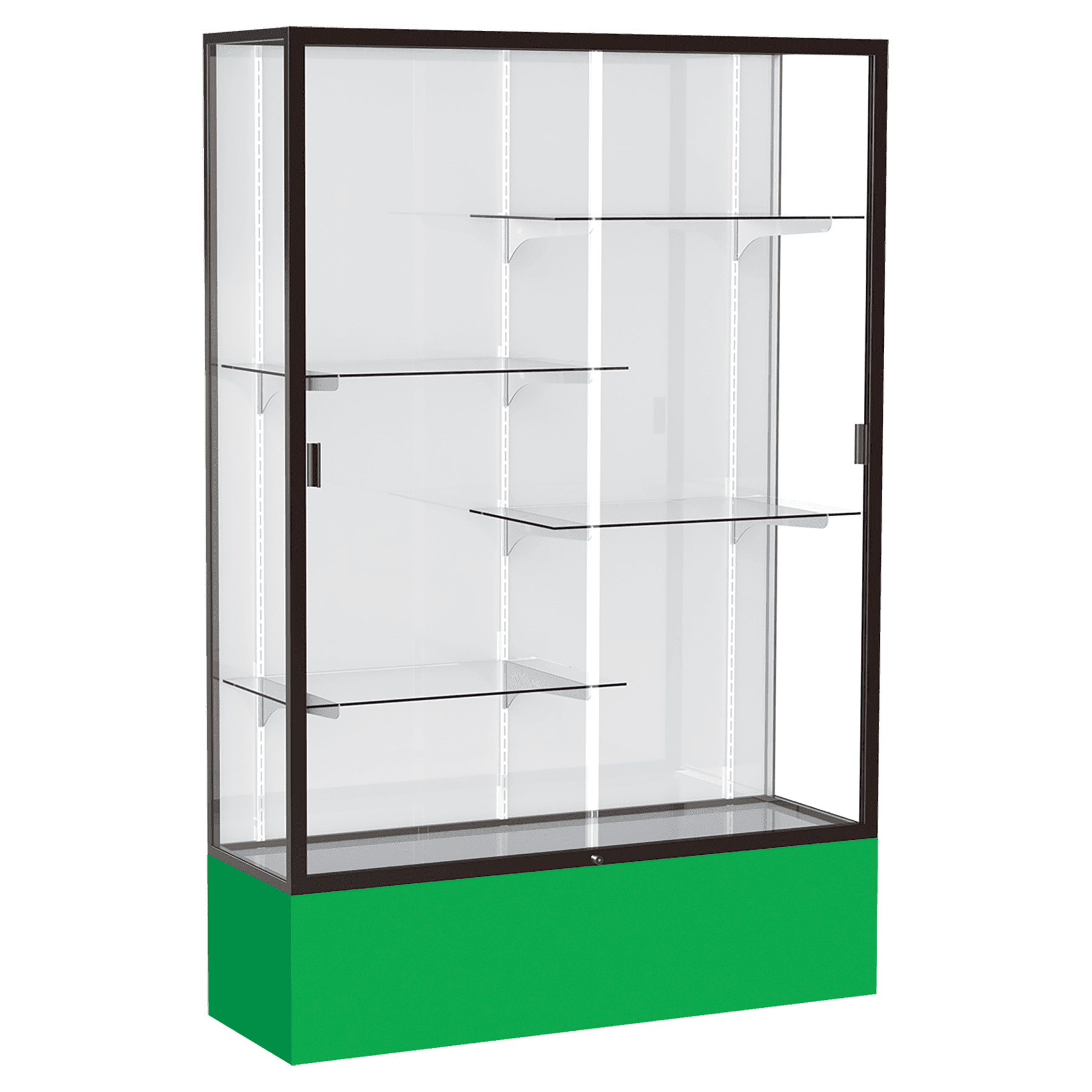72"H x 48"W x 16"D Kelly Green Laminate Finish, White Laminate Finish Back, Bronze Aluminum Frame, Spirit Display Case