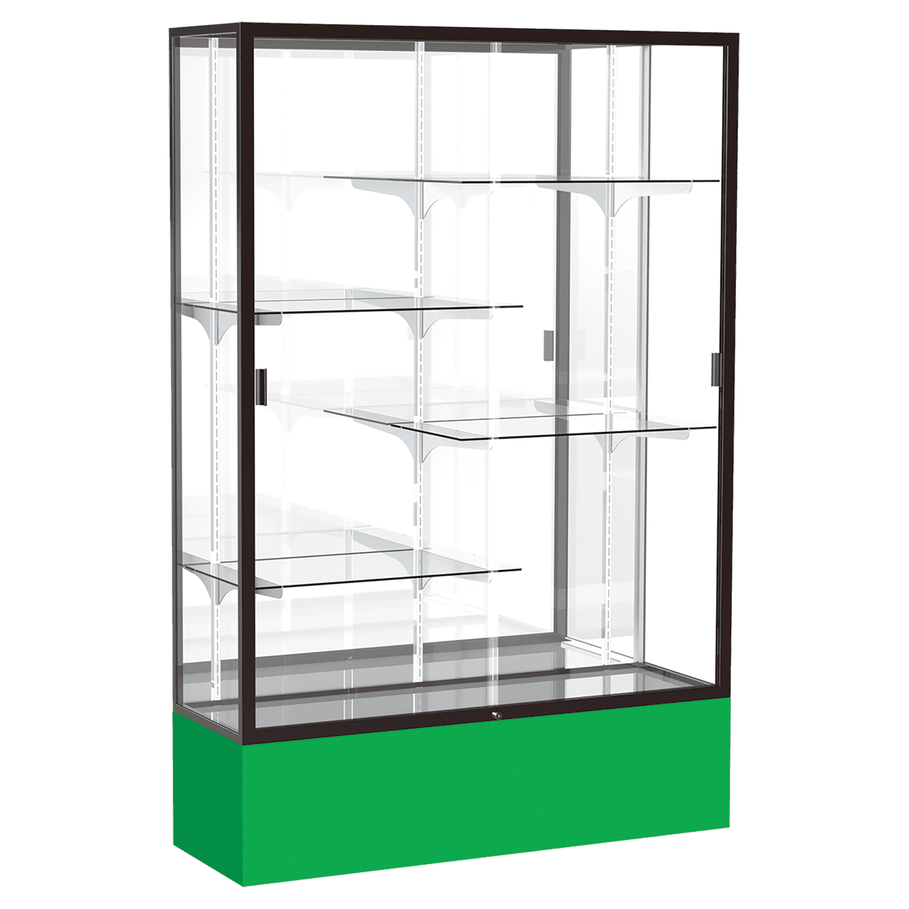 72"H x 48"W x 16"D Kelly Green Laminate Finish, Mirror Back, Bronze Aluminum Frame, Spirit Display Case