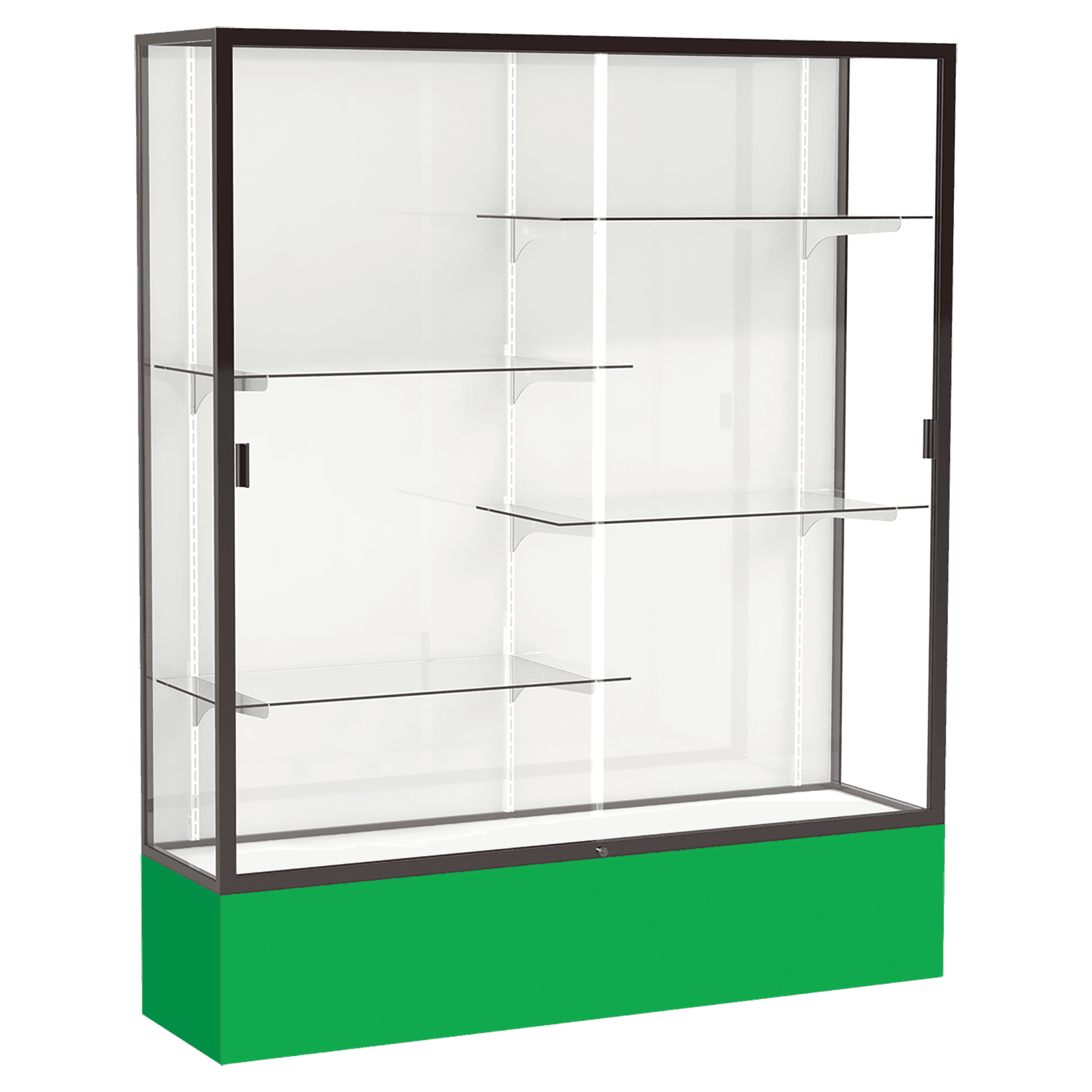 72"H x 60"W x 16"D Kelly Green Laminate Finish, White Laminate Finish Back, Bronze Aluminum Frame, Spirit Display Case