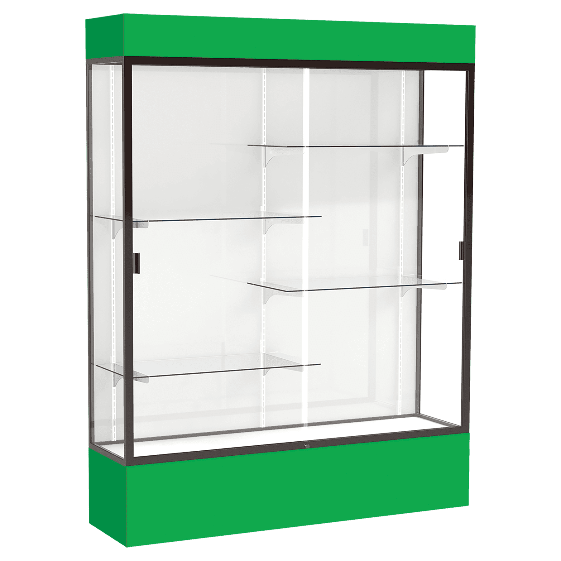 80"H x 60"W x 16"D Kelly Green Laminate Finish, White Laminate Finish Back, Bronze Aluminum Frame, Lighted, Spirit Display Case