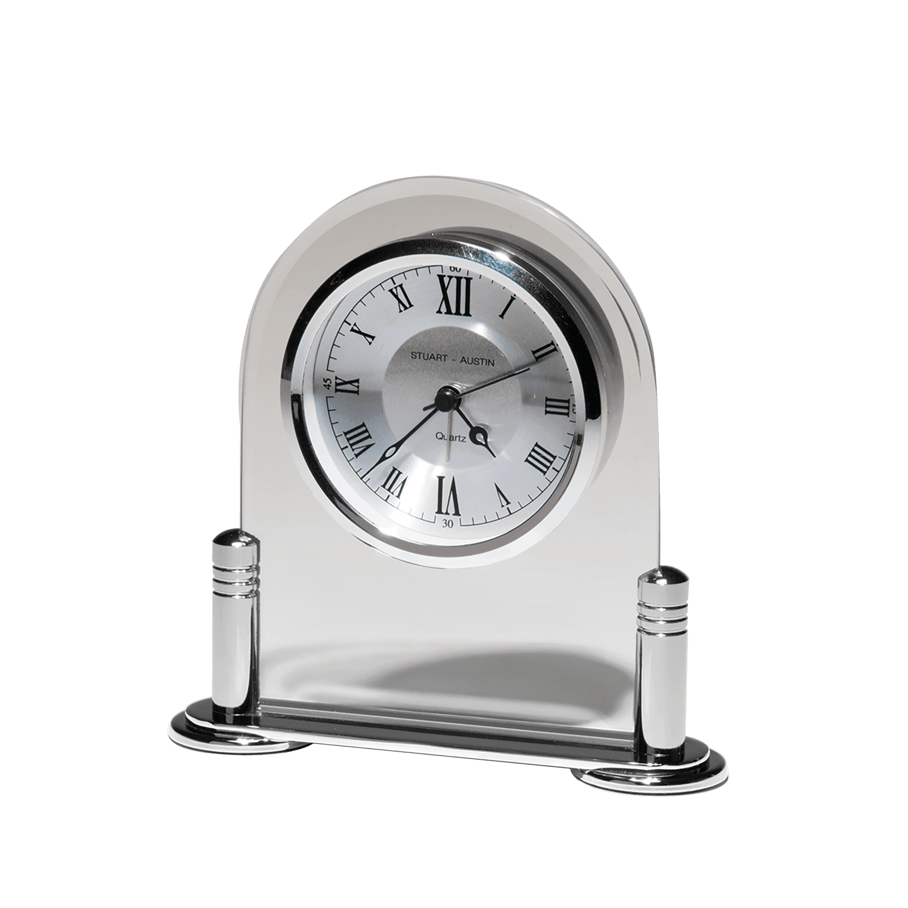 6 1/8" x 6" Desk Clock with Beveled Glass Upright, Silver Metal Base, 3 Hand Movement-No Black Plate