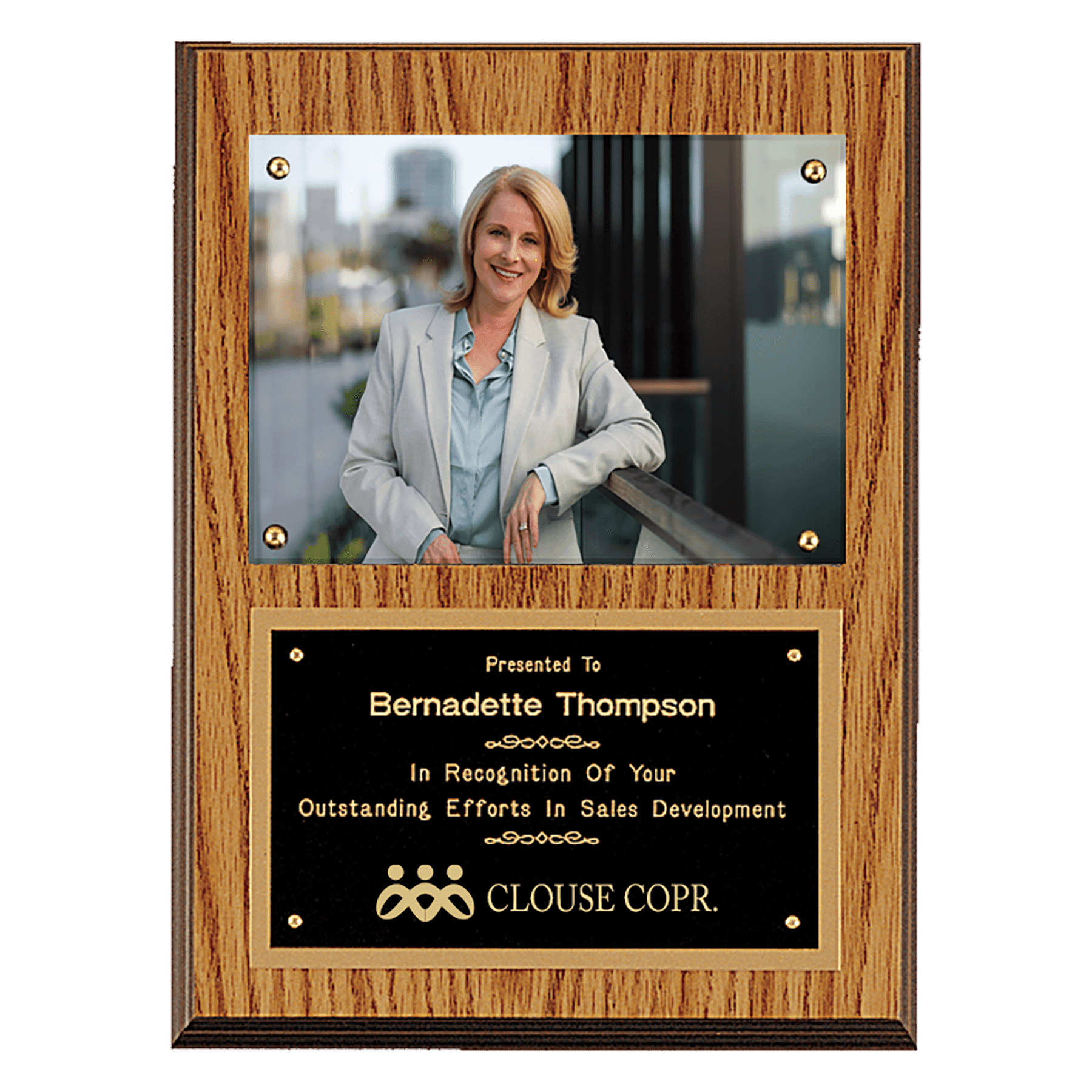 9" x 12" American Oak Finish Photo Plaque with Black Brass Plates-Photo Size 5" x 7"