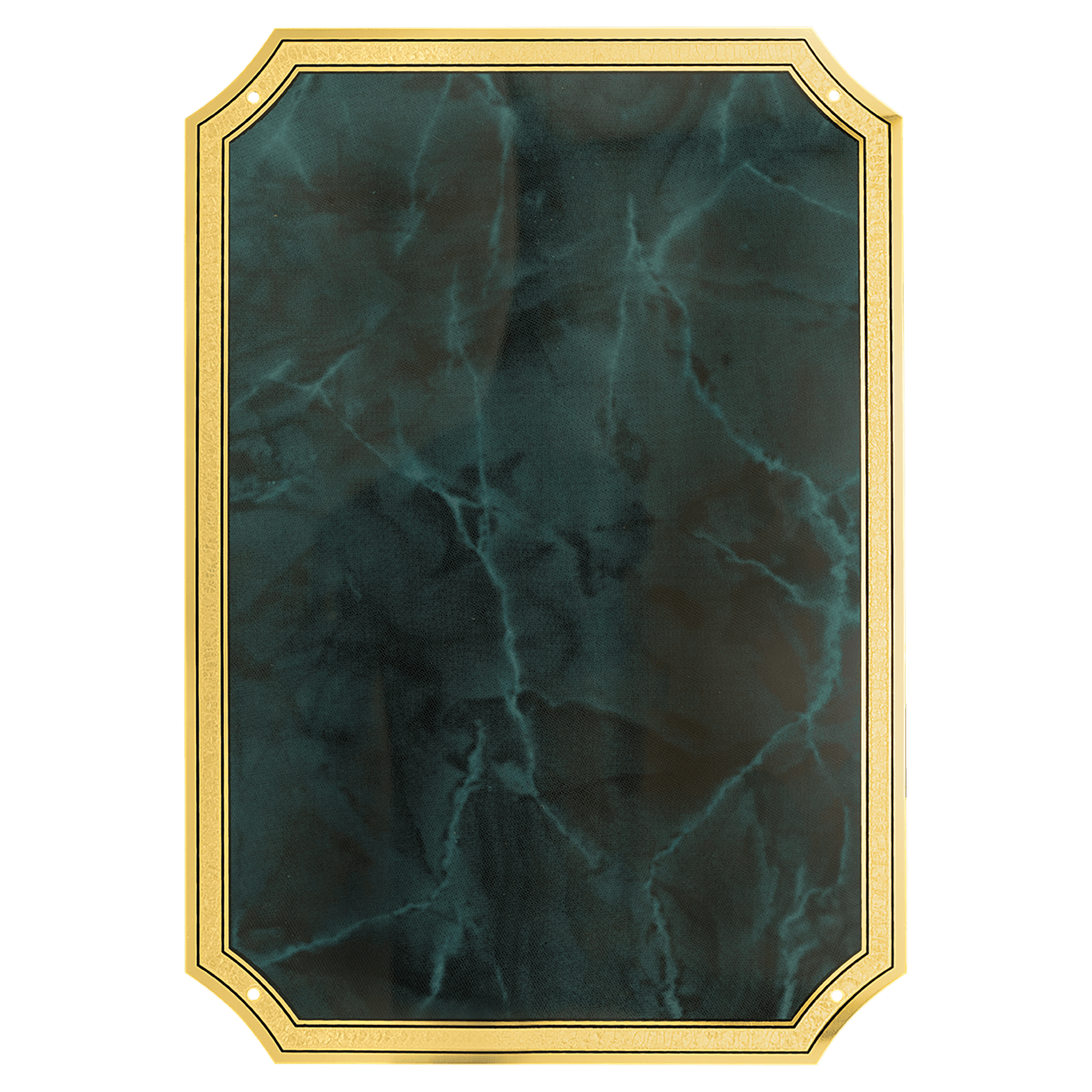 7" x 10" Emerald Marble Brass Plated Steel Plate with Four Holes, Notched Corners, and Florentine Design Border