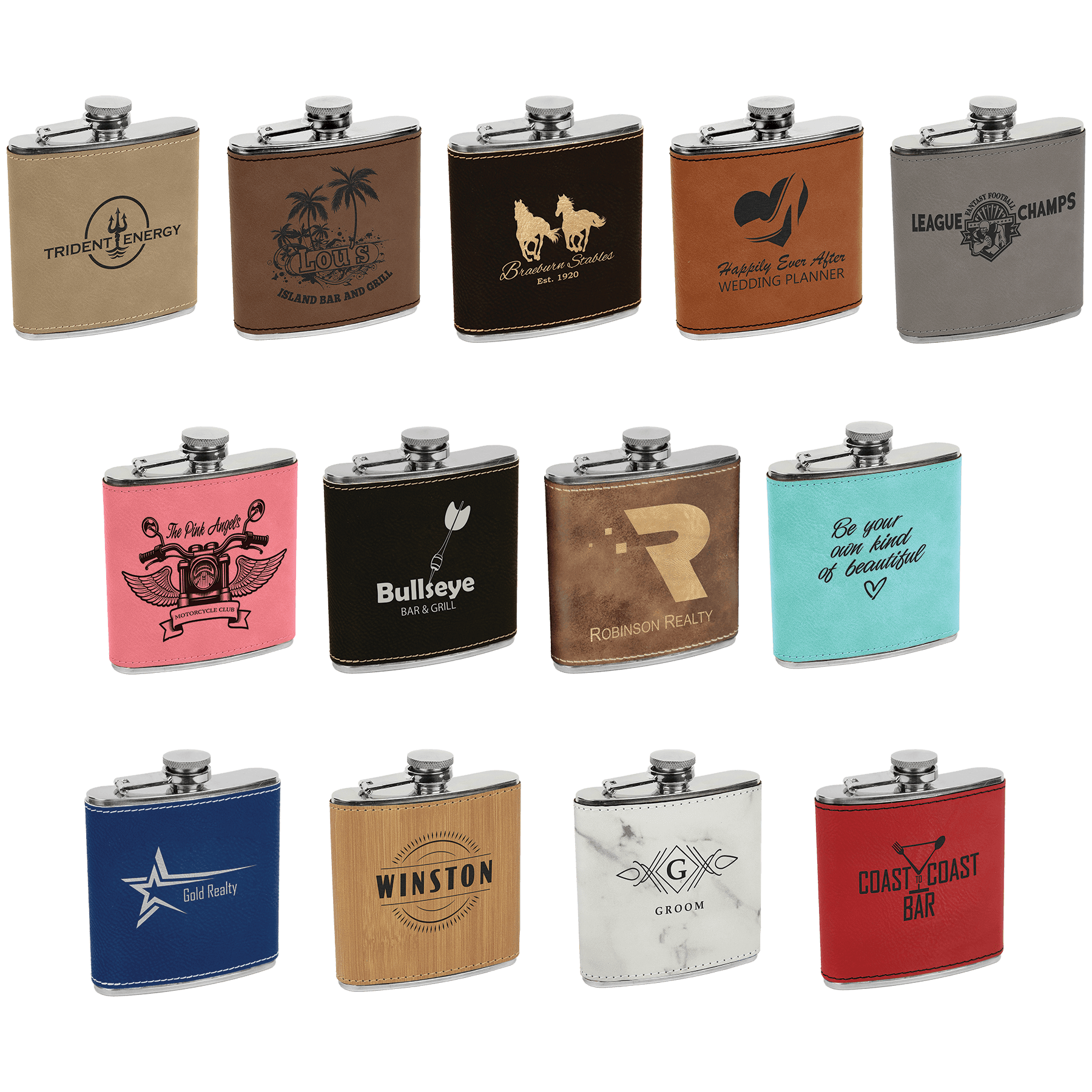 6 oz. Laserable Leatherette Flask Sample Set