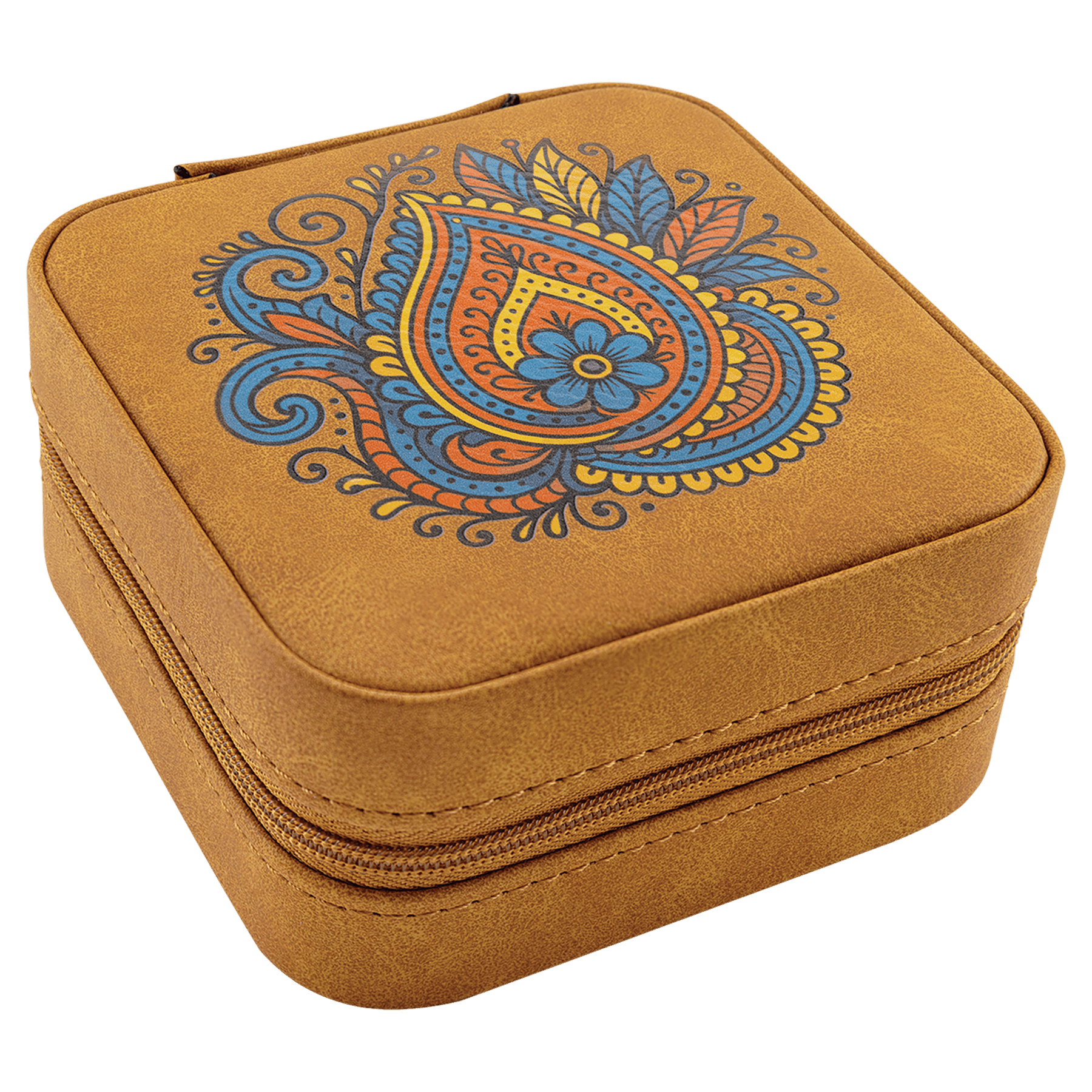 Travel Jewelry Box - Laserable Leatherette, Creekside Collection, 4" x 4", Light Brown