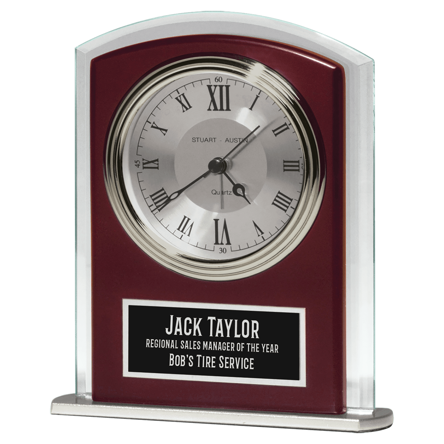 Rosewood Matte Finish Clock, Beveled Glass with Wood Accent, Silver Bezel and 3 Hand Movement, Black Plate
