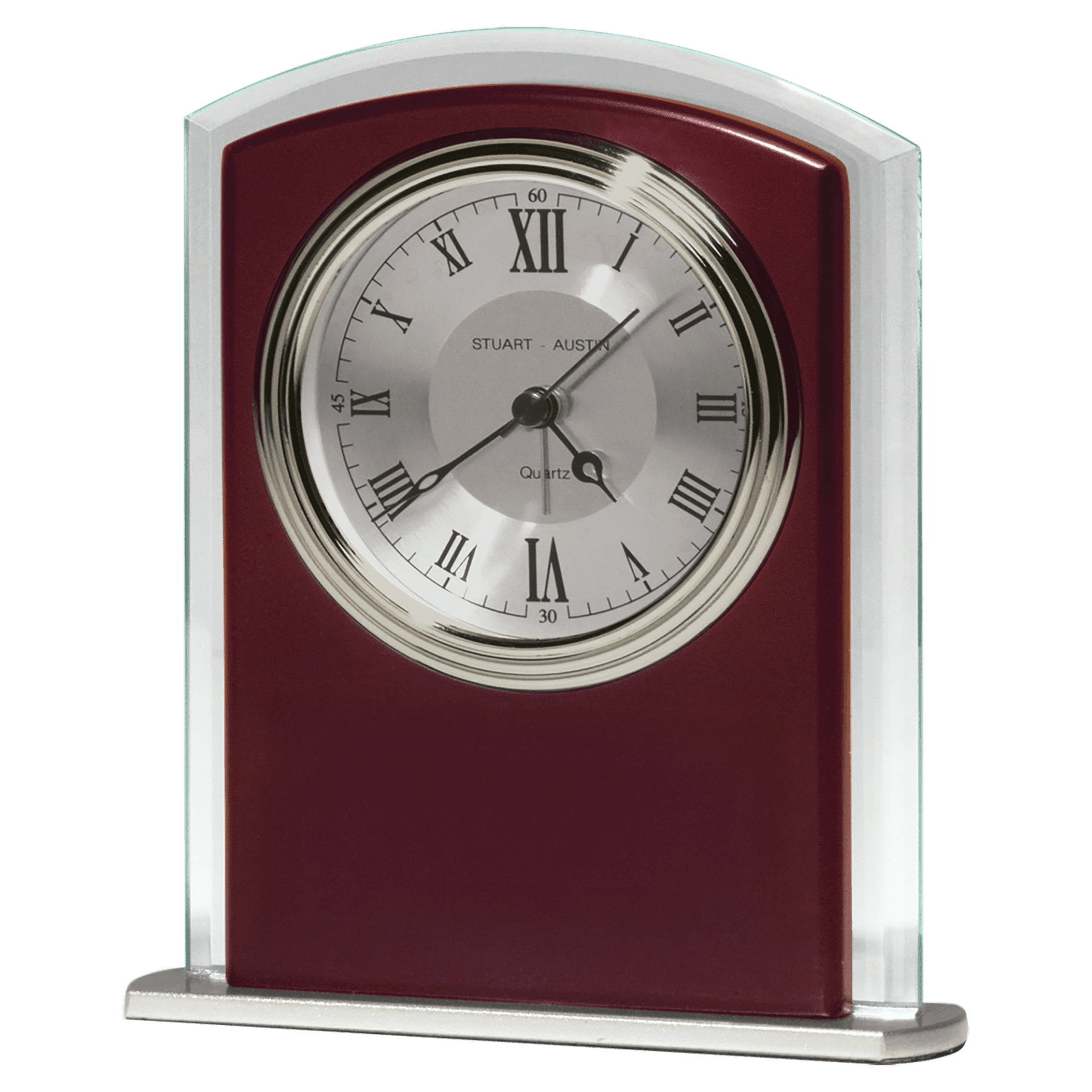 Rosewood Matte Finish Clock, Beveled Glass with Wood Accent, Silver Bezel and Dial, 3 Hand Movement - No Plate