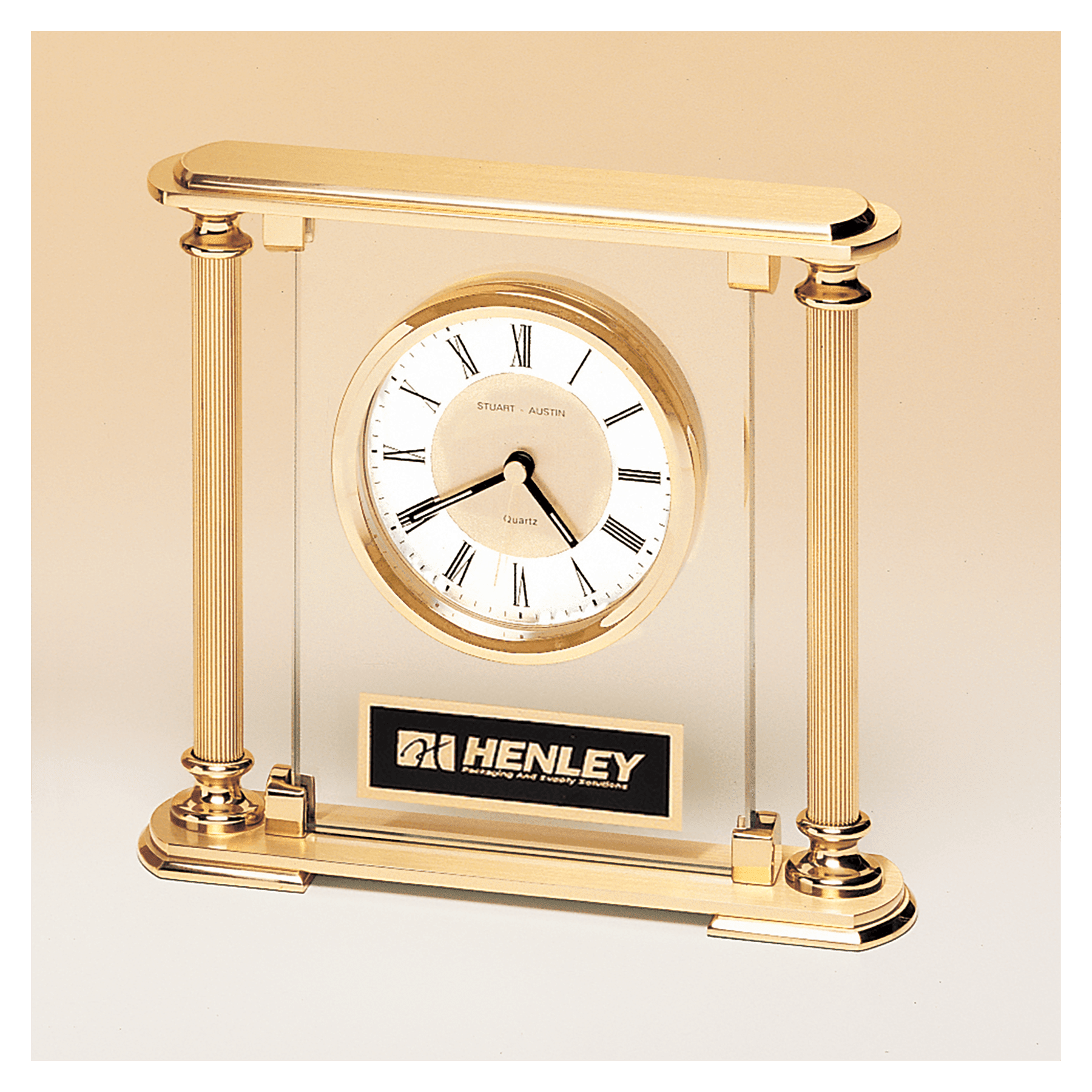 6 5/8" x 7 1/4" Glass Upright with Feet & Top, Metal Goldtone Columns, Diamond Spun Dial, 3 Hands with Black Plate