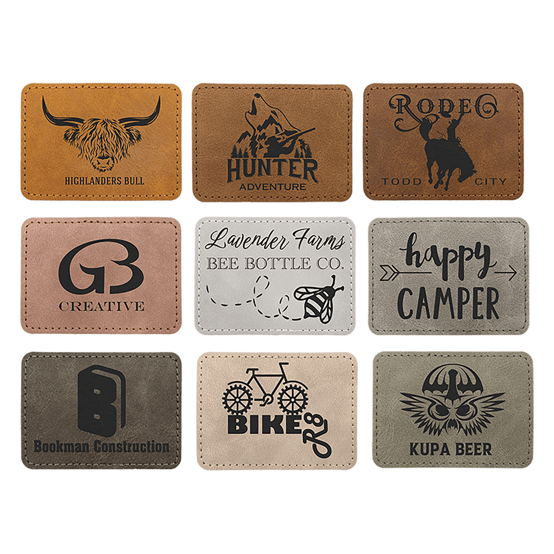 3 1/2" x 2 1/2" Premier Laserable Leatherette Rectangle Patch with Kota ProAdhesive - Creekside Collection Sample Set