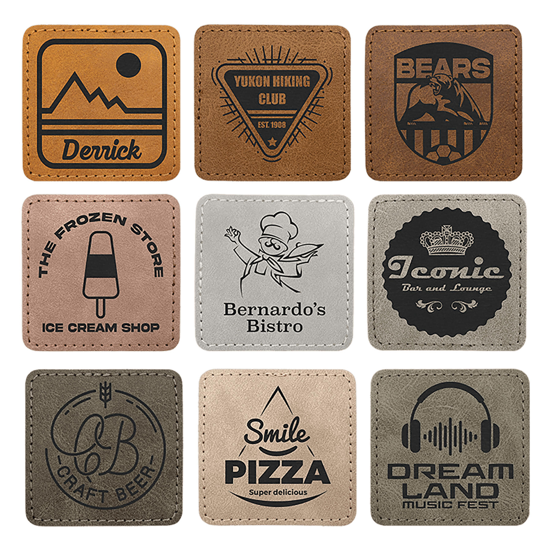 2 1/2" x 2 1/2" Laserable Leatherette Square Patch with Kota Pro Adhesive - Creekside Collection Sample Set