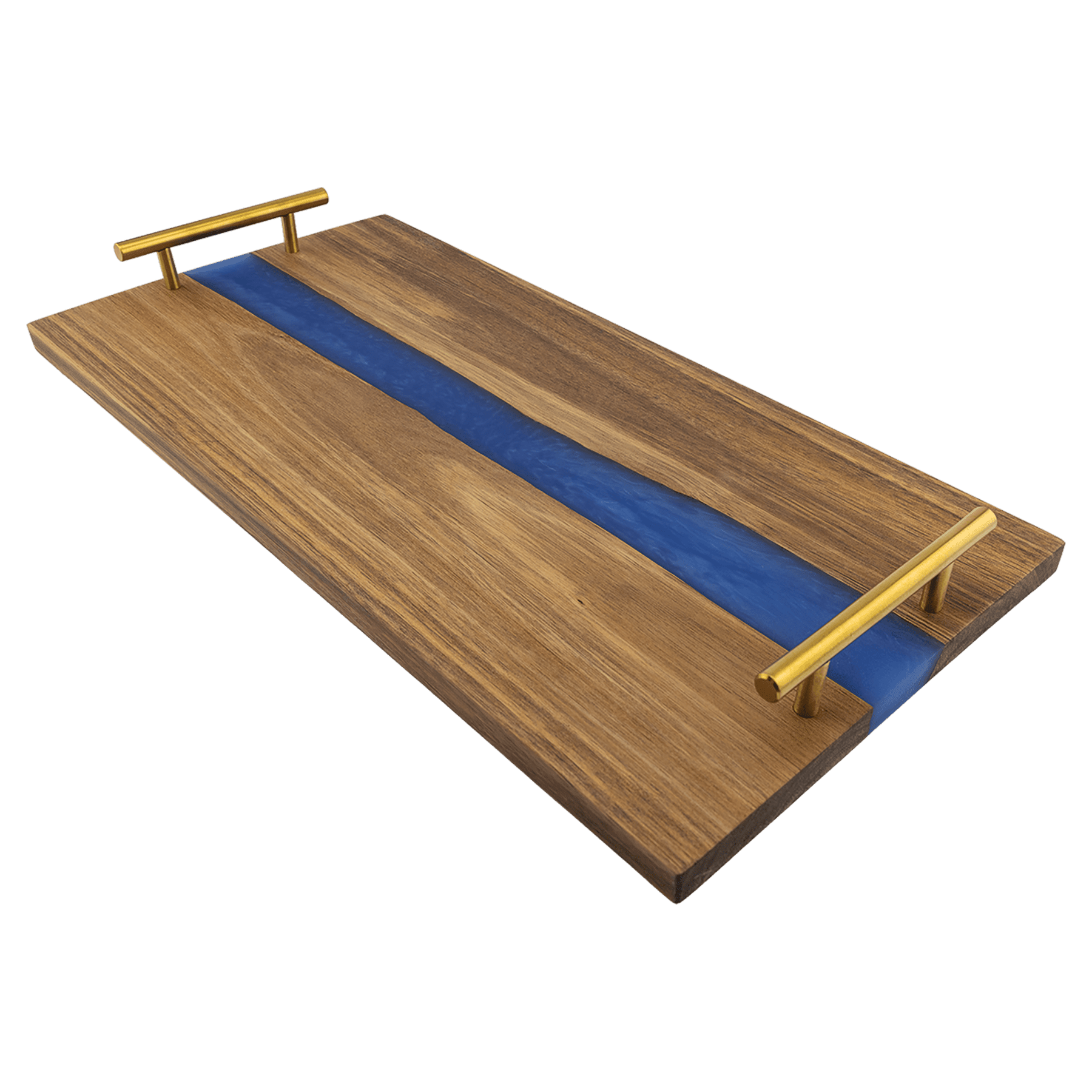 18" x 9" Acacia Serving Tray with Blue Pearl Resin and Gold Handles