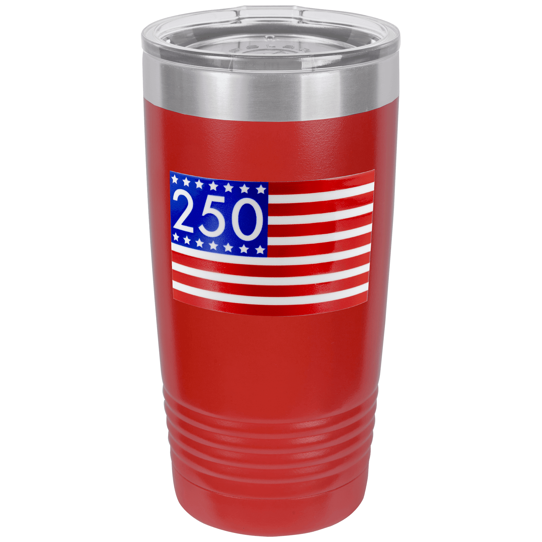 Stars and Stripes 250 UV DTF Sticker on 20 oz. Red Polar Camel Tumbler