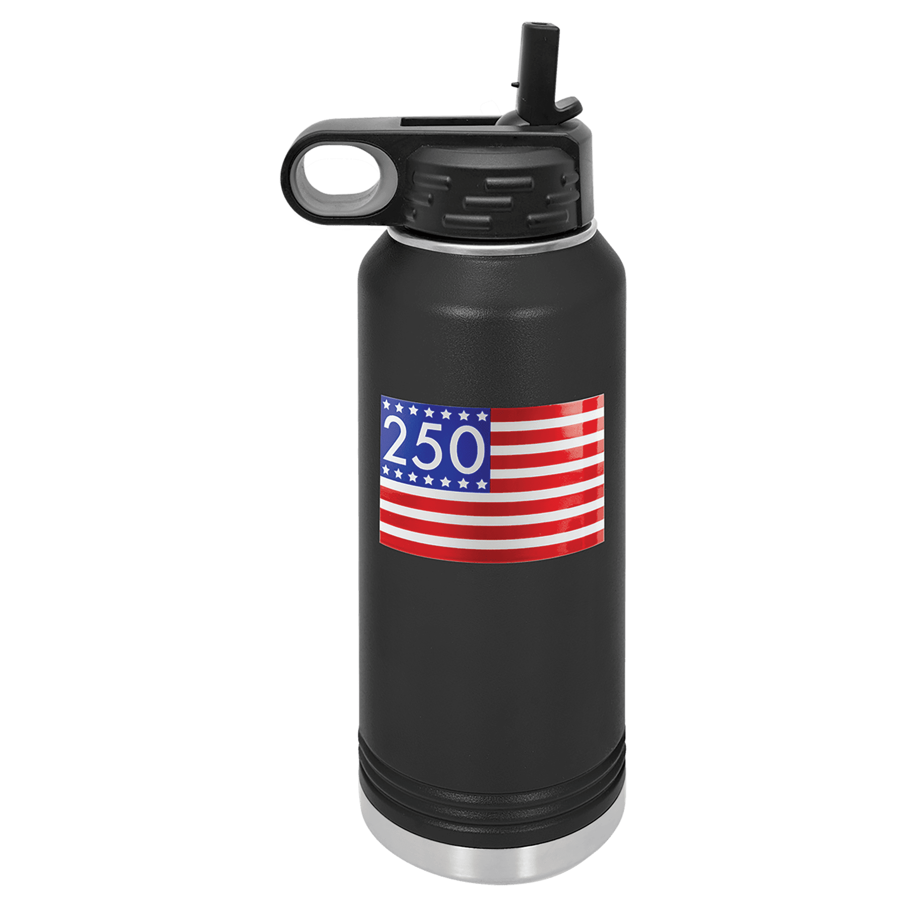 Stars and Stripes 250 UV DTF Sticker on 32 oz. Black Polar Camel Water Bottle