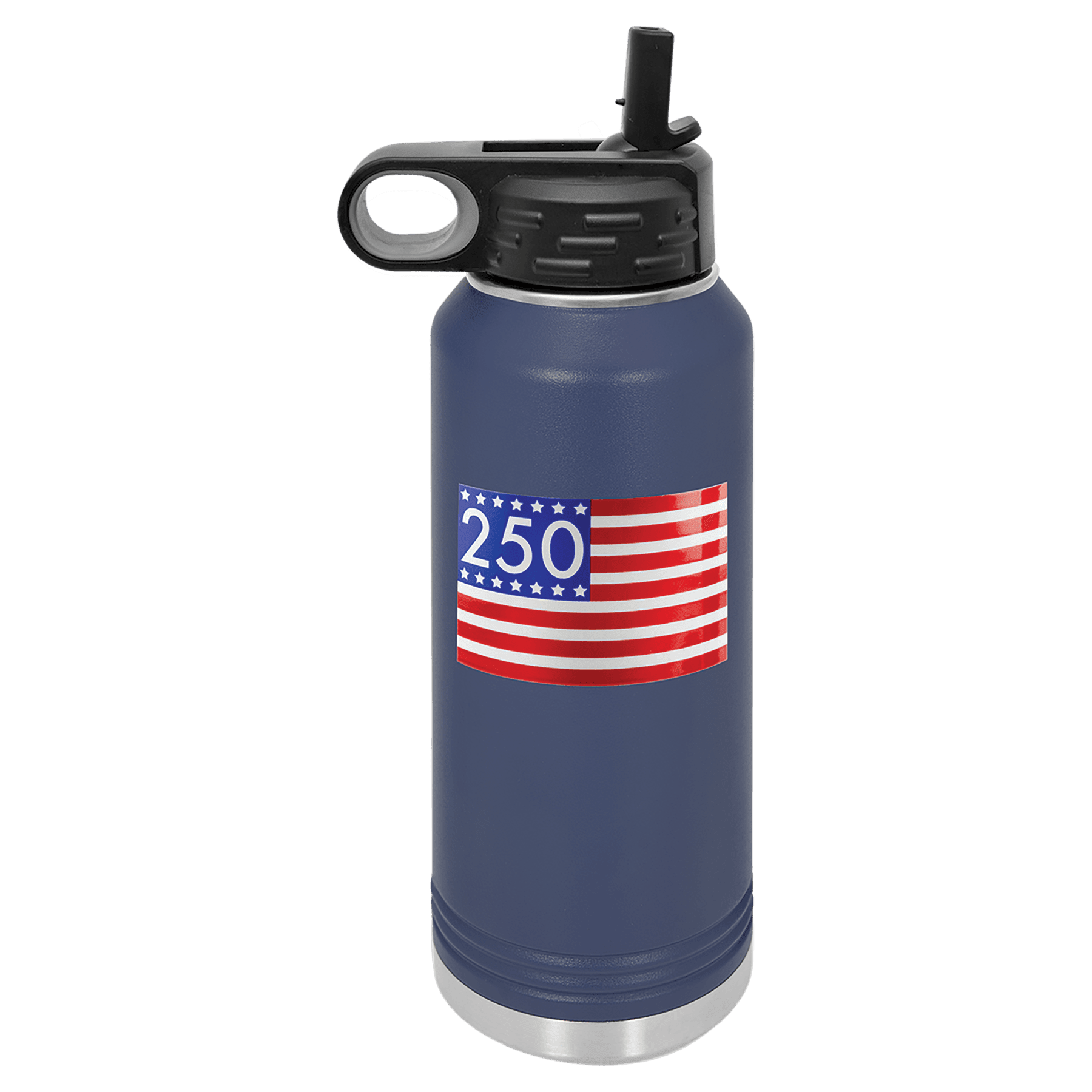 Stars and Stripes 250 UV DTF Sticker on 32 oz. Navy Blue Polar Camel Water Bottle