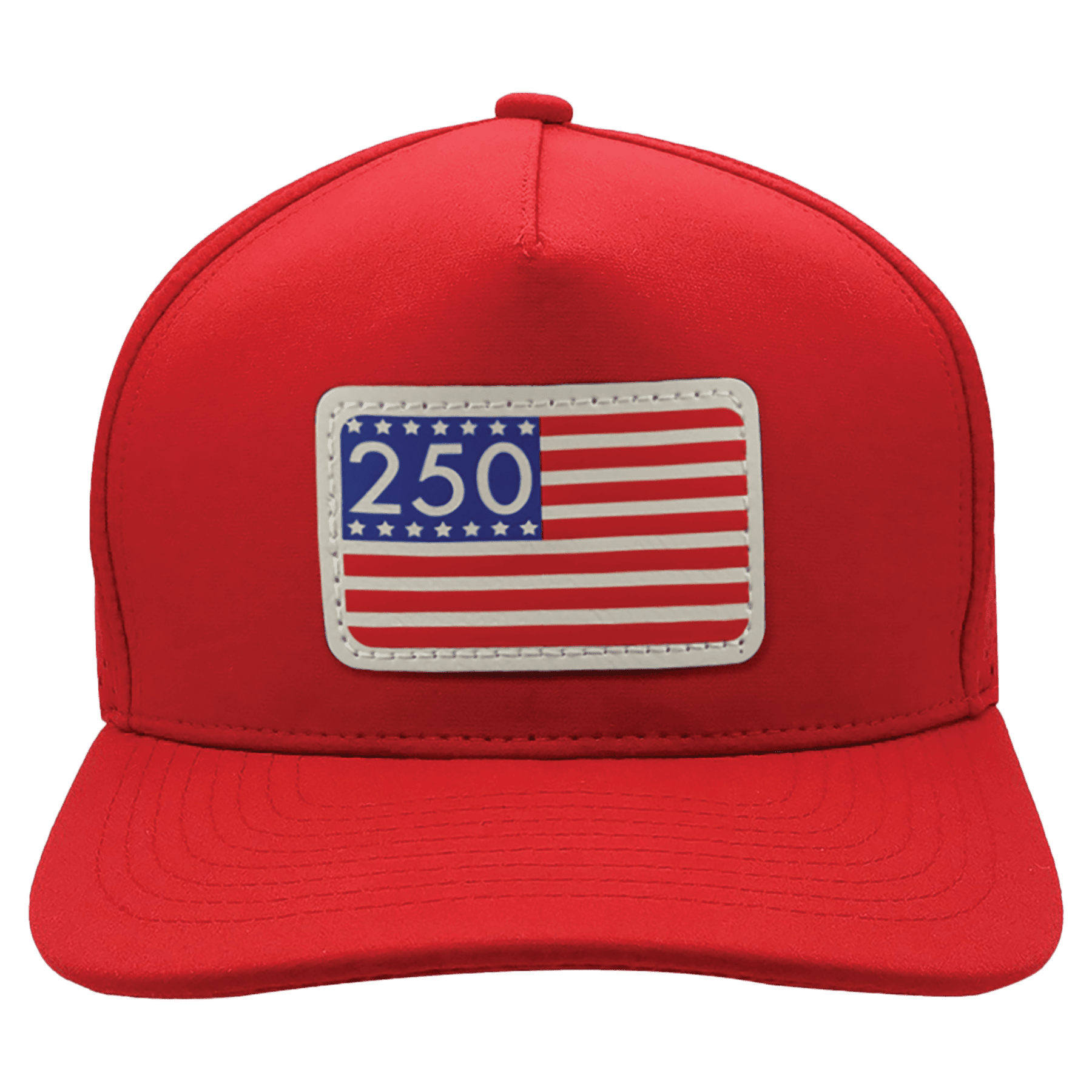 Stars and Stripes 250 UV DTF Sticker on Red/Red Brimco 5-Panel Performance Hat