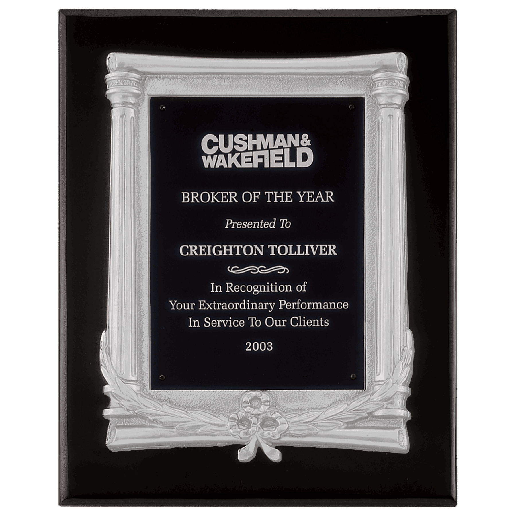 10 1/2" x 13" Black Piano Finish Plaque, Matte Silver Frame Casting & Black Aluminum Plate
