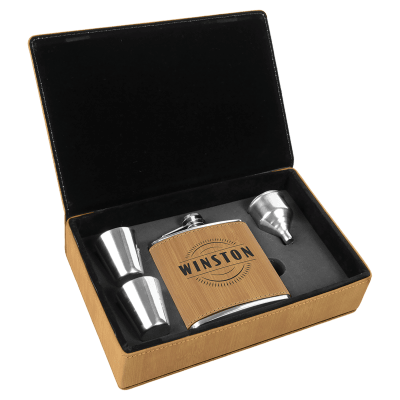 BAMBOO LTHR FLASK GFT SET