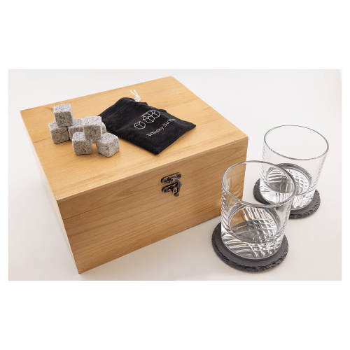Red Alder Whiskey Set with Two Glasses, Two 4" Slate Coasters, and Eight Granite Whiskey Stones with Black Velvet Bag