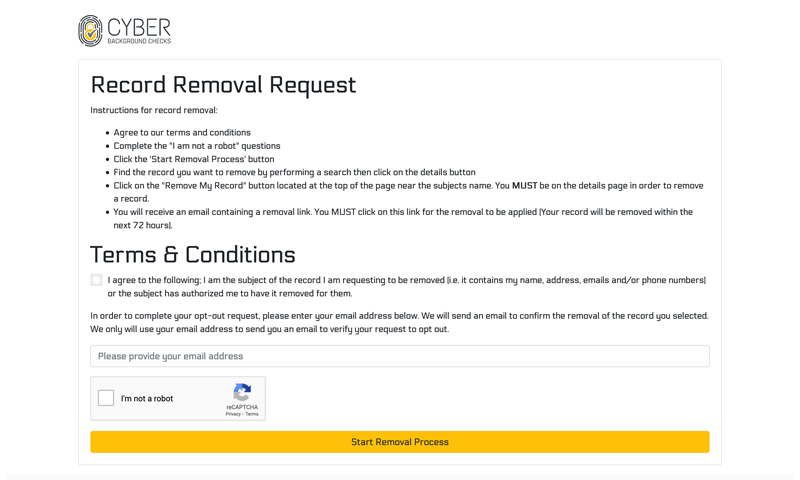 Cyber Background Checks Record Removal Page