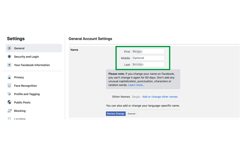 Facebook Name Settings