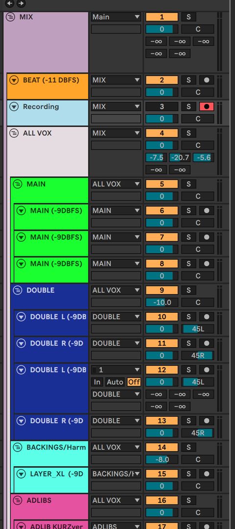 Ableton Live Session mit farblich gruppierten Spuren des Templates