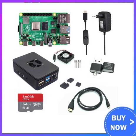 Raspberry Pi 4 Model B 1/2/4GB RAM + Case + Fan + Heat Sink + Power Adapter + 32/64 GB SD Card + HDMI Cable for RPI 4B