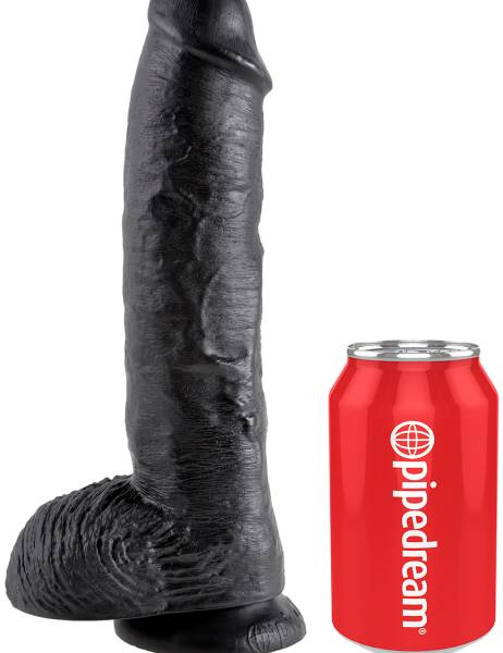 10 inch Dildo met ballen op zuigvoet zwart