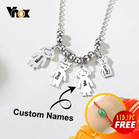 Vnox Customize Family Names Necklaces for Women Cute Girl Boy Man Cat Pet Figure Charm Pendants Thick Metal Sisters BFF Gift