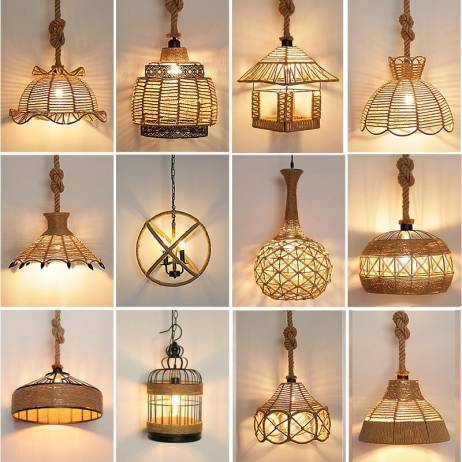 Vintage Pendant Lamp E27 Hemp Rope Iron L...