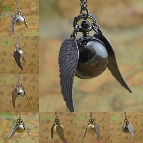 hot fashion retro antique black wing golden gold snitch ball quartz pocket watch fob necklace women arabic number hour lady girl