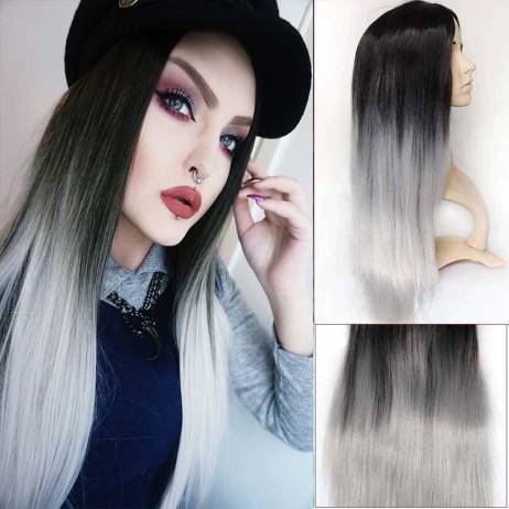 2016 Ombre Synthetic Wig Natural Dark Black Grey Ombre Synthetic Wigs Cosplay Women's Wigs Dendy Chewing Gum Perruque White Wig