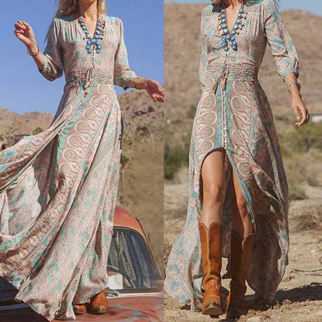 2016 New Fashion Women Bohemian Vintage Floral Print 3/4 Sleeve High Slit V-neck Maxi Beach Long Dress
