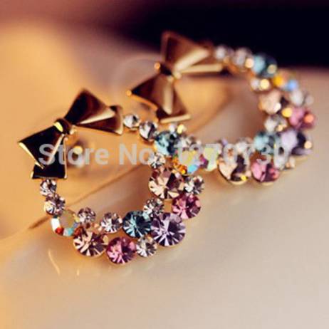 Free Shipping $10 (mix order) New Fashion Imitation Diamond Colorful Rhinestone Bow Earrings E099 Vintage Jewelry