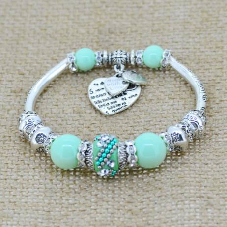 Fashion Silver Plated Jewelry Love Heart Charm Bracelets & Bangles Glass Beads Strand Bracelets for Women 2016 Fine Jewelry