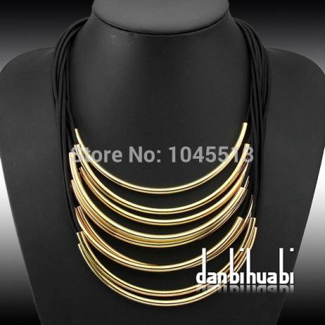 HOT SALE Fashion Jewelry Many Rubber Band Pass Through Bright Metal Pipe Tube leather necklace for women costume