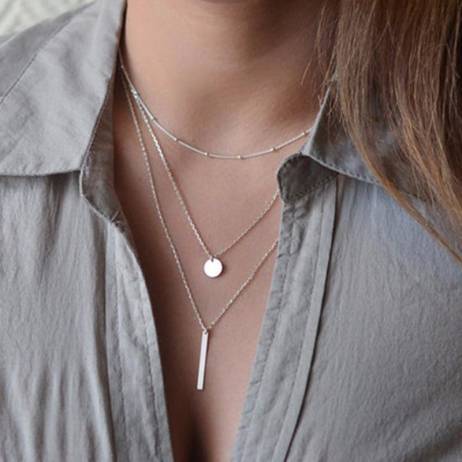2016 Women's Fashion Jewelry Colar 1pc European Simple Gold Silver Plated Multi Layers Bar Coin Necklace Clavicle Chains Charm