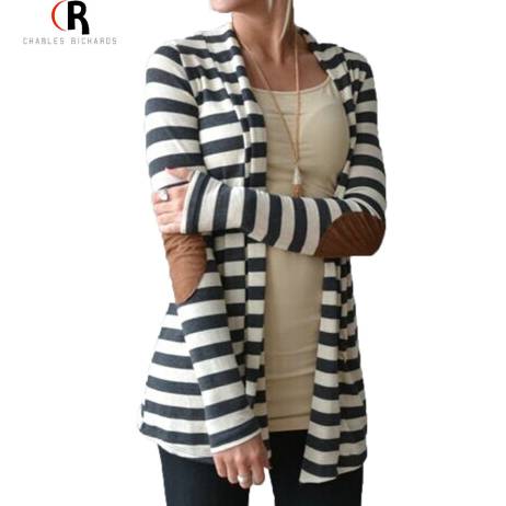 Black and White Striped Elbow Patching PU Leather Long Sleeve Knitted Cardigan Fall Slim 2016 Spring Autumn Women Sweater