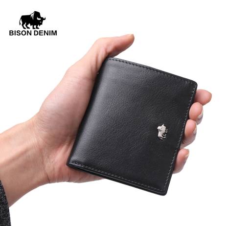 BISON DENIM Genuine Leather Small Ultra Thin Card Holder Mens Slim Wallet Mini Coin Purse
