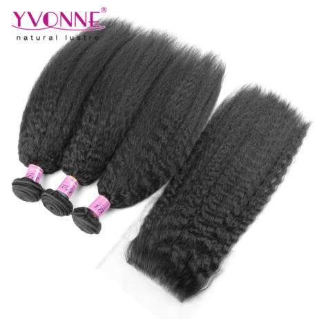 Kinky Straight Brazilian Virgin Hair With Closure,3 Bundles Human Hair With Closure,New Arrival YVONNE Hair Products