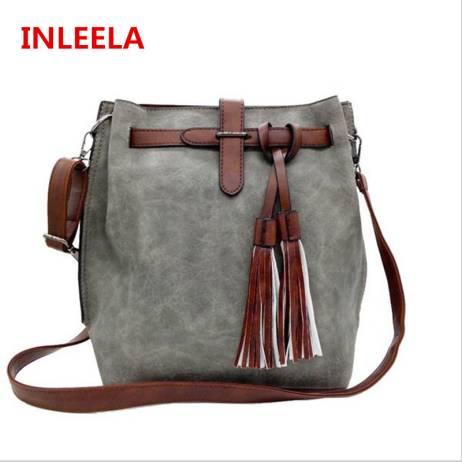 INLEELA 2016 Fashion Scrub Women Bucket Bag Vintage Tassel Messenger Bag Large Retro Shoulder Bag Simple Crossbody Bag
