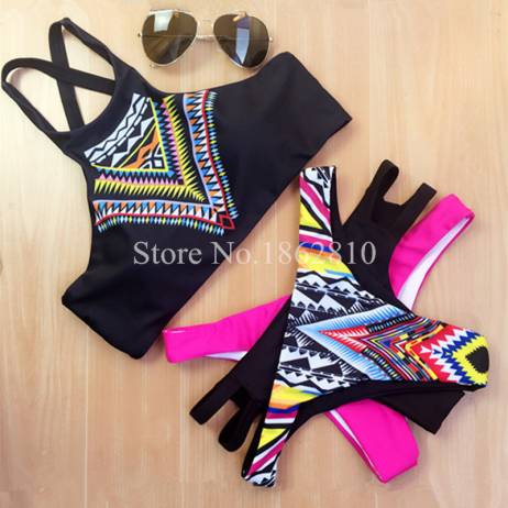 2016 New Fashion Women Bikinis High Neck Push up Bikini Set Geometry Black Swimwear Slim Print Swimsuit Biquini Bathing Suit