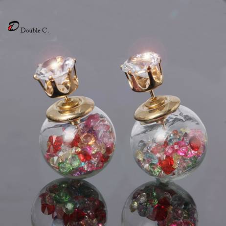 2015 new design fashion brand jewelry glass Flowers Crystal stud earring double pearl side Summer style Daisy earring for women