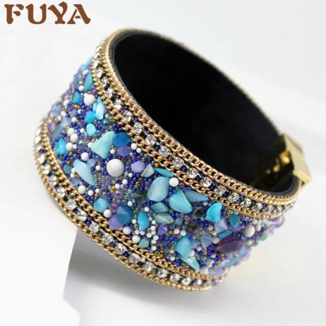 FUYA New Fashion Jewelry Woman Bangle Bracelet,Magnetic clasp High-grade Leather Crystal Stones Accessories