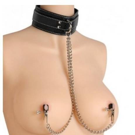 Women Pu Leanter&metal Collar& Necklace Nipple Clamps Bondage Use Fetish Role Play Erotic Toys