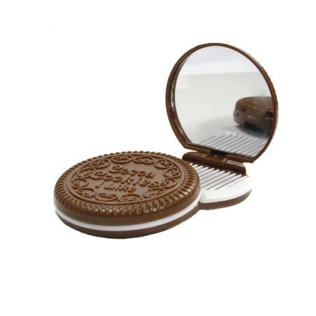 1x Women Cute Chocolate Cookie Shaped Makeup Mirror with 1 Comb Set Makeup Tool Pocket Mirror Home Office Use
