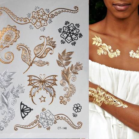 Hot Flash Metallic Waterproof Temporary Tattoo Gold Silver Tatoo Women Henna Flower Taty Design Tattoo Sticker