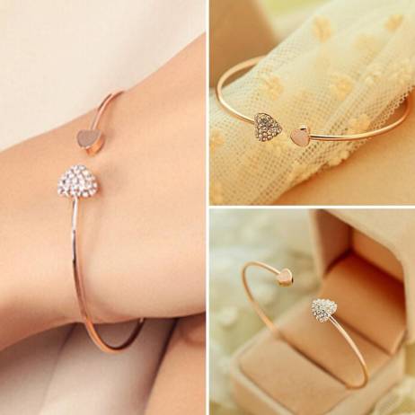 Fashion Chic Lovely Gold Plated Rhinestone Heart Shape Cuff Bracelet Bangle Women Lady Ornament Gift