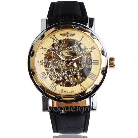 Crazy sale Winner best price new Leather Mechanical watch men Gold color skeleton dress wristwatch free shipping