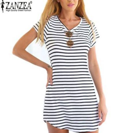 ZANZEA Summer Style 2016 New Women Dress Casual Loose Black White Striped Dresses Short Sleeve O Neck Mini Vestidos Plus Size