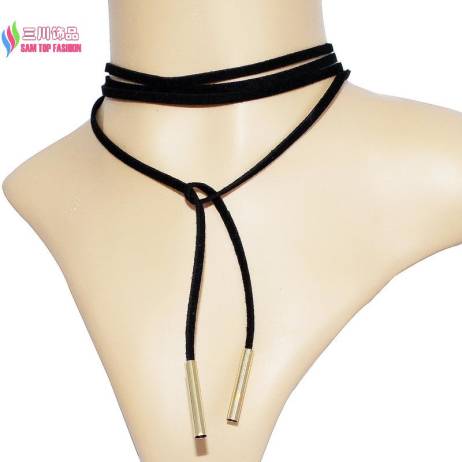 New Arrival wholesale elegant Fashion women Long Black Leather Rope Gold Tube False choker Collar Necklace women collier Bijoux
